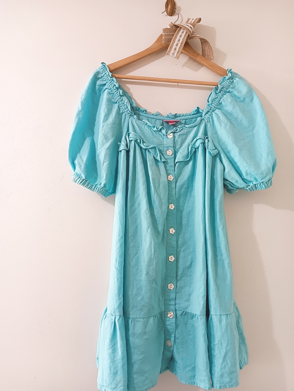 Stoney Clover Lane Linen Blend Button Front Ruffle Trim Off The Shoulder Dress S